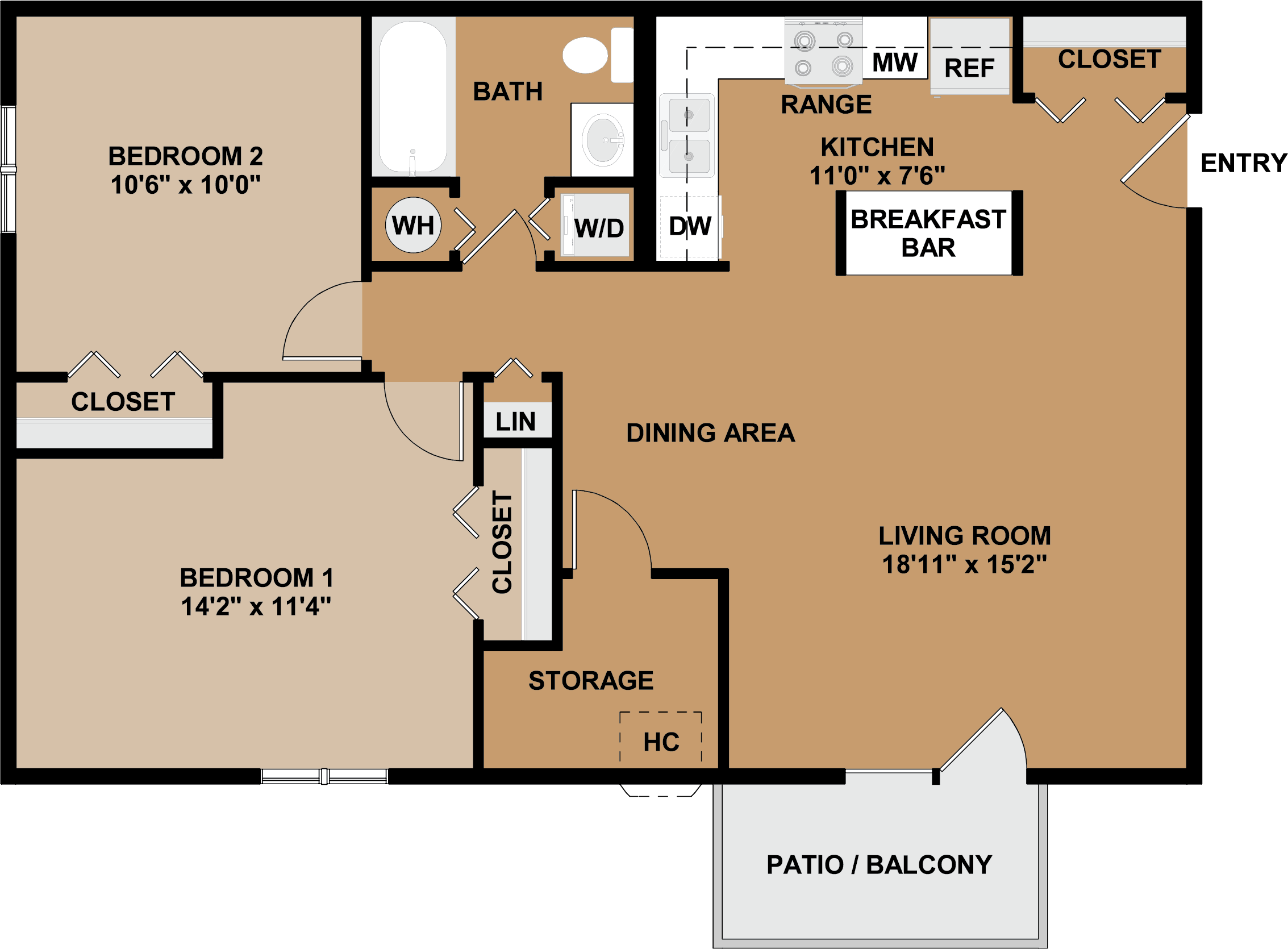 Floor plan for 2 beds, 1 bath, 888 sqft